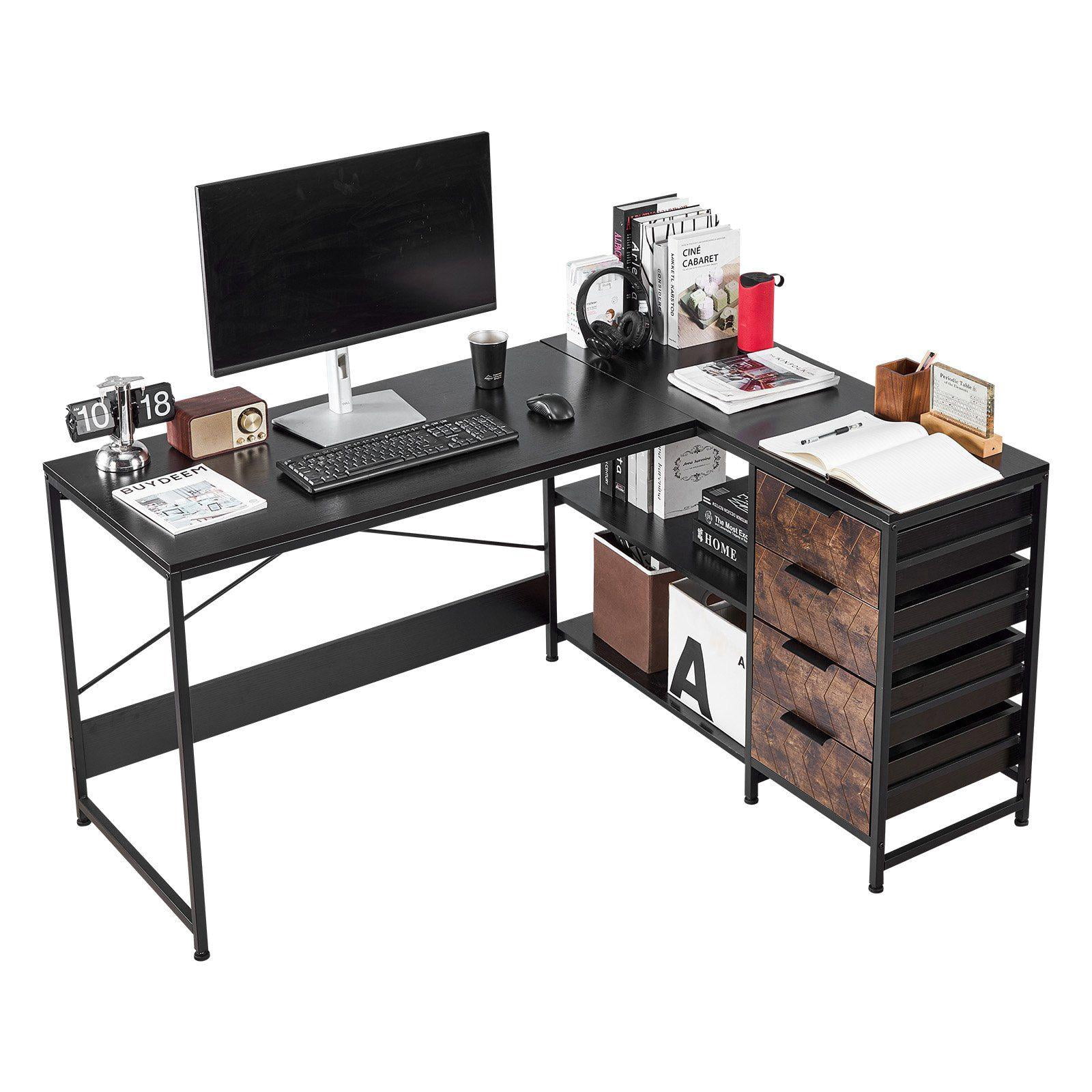 L Shaped Computer Desk 59 Inch Reversible Corner Gaming Desk with Drawers Storage Shelves Modern PC Table Sturdy Workstation for Home Office Easy Assembly