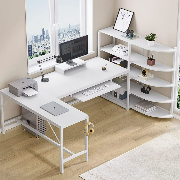 L Shaped Computer Desk 63 Corner Office Desk with Storage Shelves Keyboard Tray Monitor Stand and Headphone Hook for Home Office White