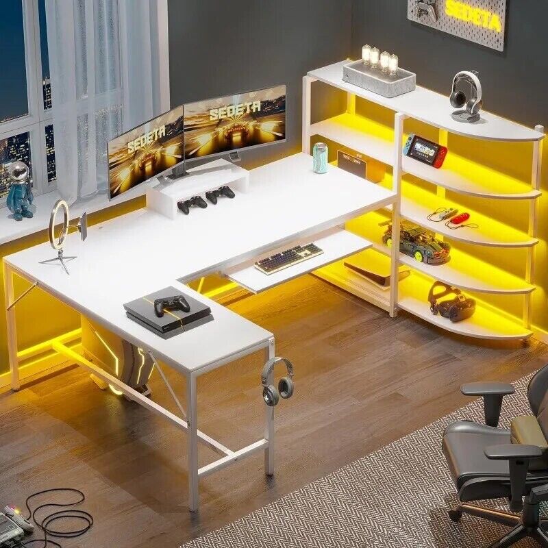 L Shaped Computer Desk, 63'' Desk with Storage Shelves With Keyboard