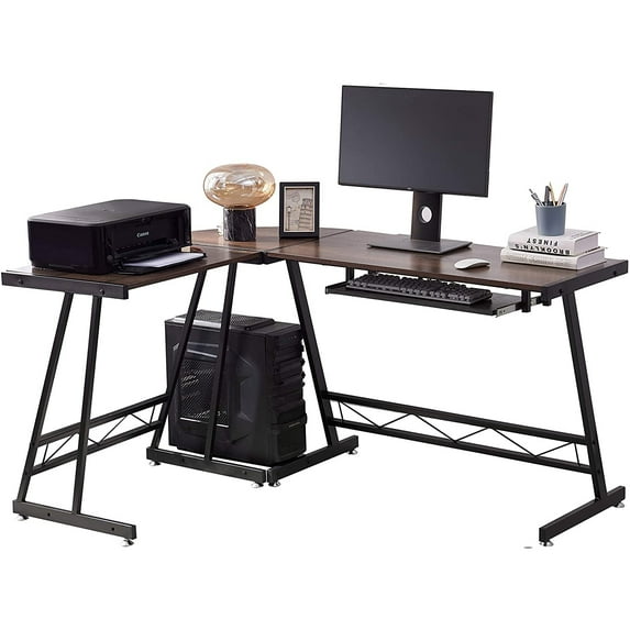 L-Shaped Computer Desk with CPU Stand Home Office Gaming Desk Writing Table Interchangeable Switch Board Computer PC Laptop Table with Keyboard Tray, Round Corner Workstation