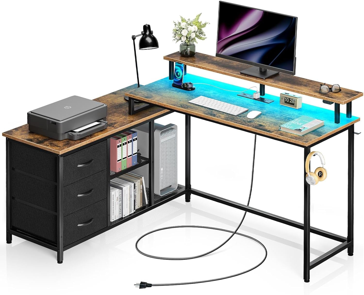 L Shaped Computer Desk with Drawers Reversible Gaming Desk with LED