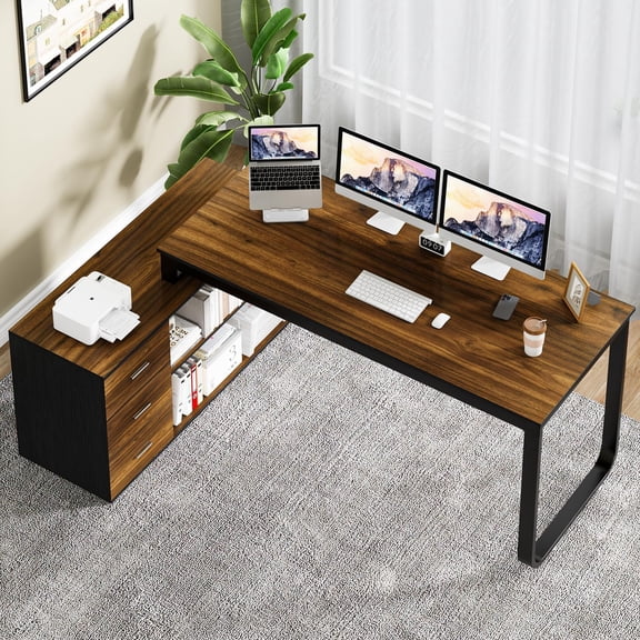 L Shaped Computer Desk with Drawers and Shelves, 55 Inch Reversible Corner Workstation for Home Office, Craft Table with Spacious Storage, Black Walnut