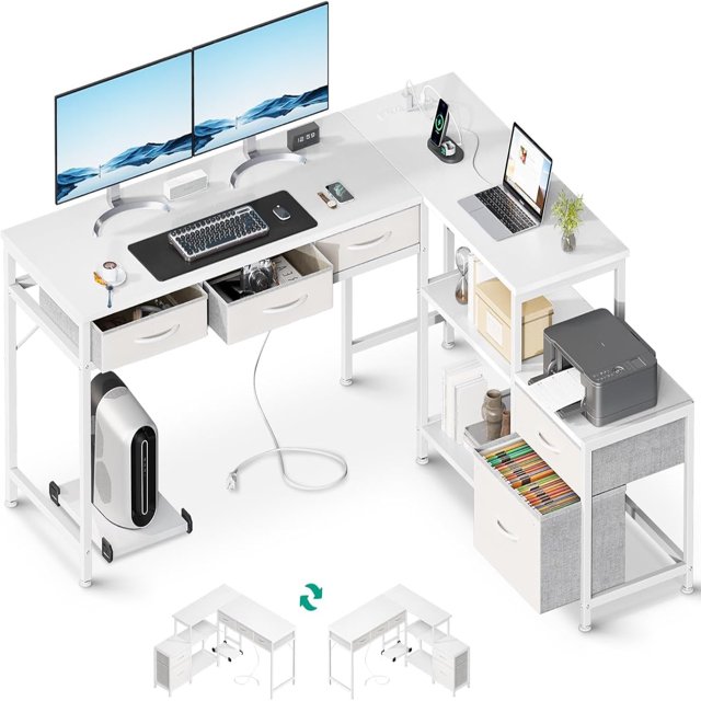 L Shaped Computer Desk with Fabric Drawers and File 53