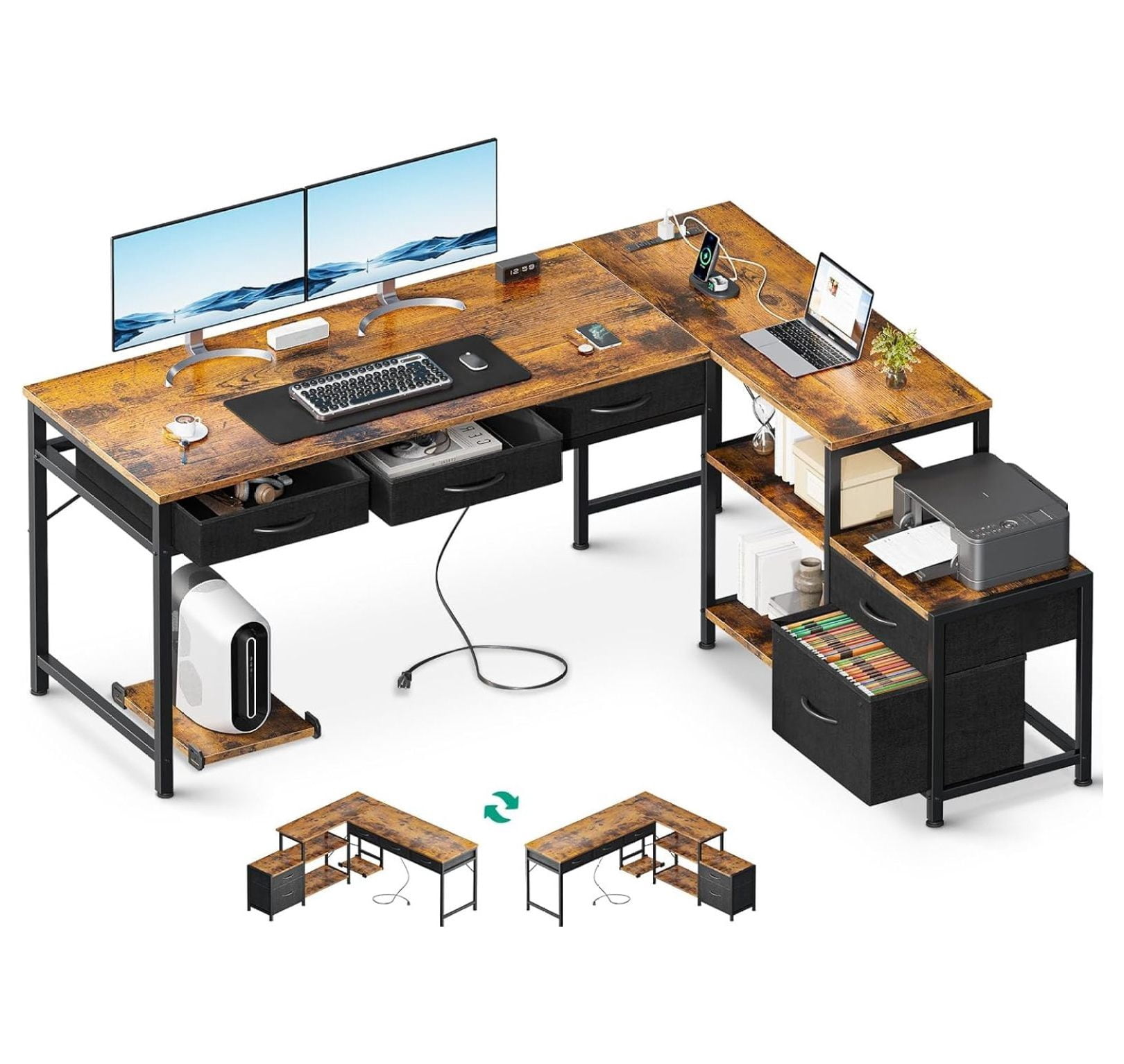 L Shaped Computer Desk with Fabric Drawers and File Cabinet, 61 ...