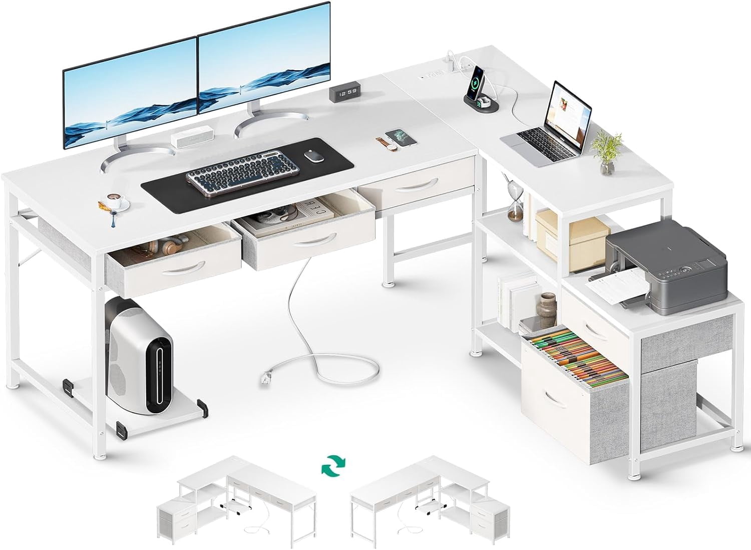 L Shaped Computer Desk with Fabric Drawers and File Cabinet, 61 ...