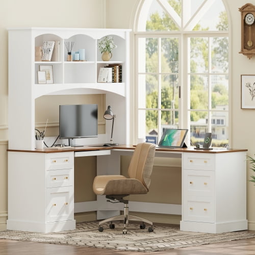 L Shaped Computer Desk, Farmhouse Corner Office Desk with Keyboard Tray, Charging Stations and File Drawer, Arched Hutch, Home Office Study Workspace, White