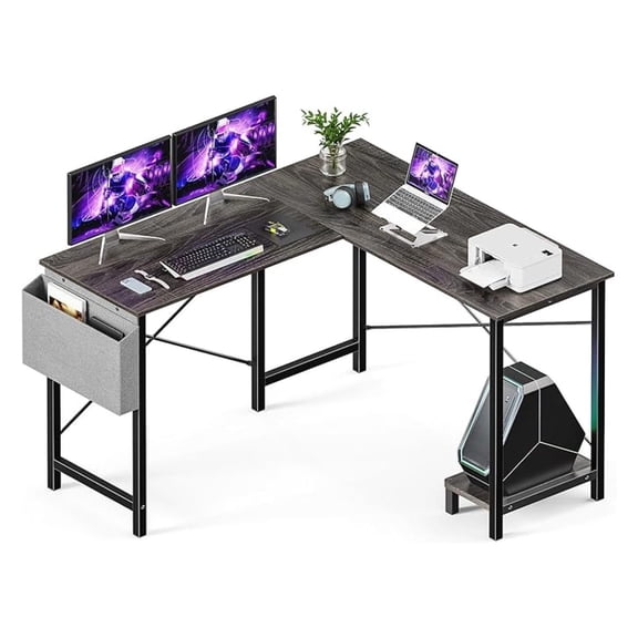 L Shaped Computer Desk Gaming Corner 50 Inch Home Office Writing Student Work PC Table with Side Fabric Storage Bag CPU Stand for Bedroom Small Spaces