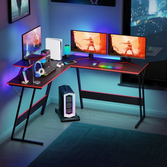 L Shaped Computer Desk - Gaming Table Corner Desk 50 Inch PC Writing Desk Study Desks with Wooden Desktop Monitor Stand for Home Office Dorm Small Space, Black