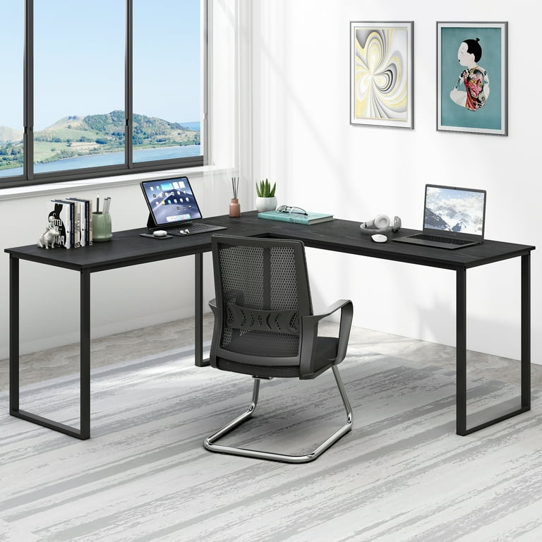 L-Shaped Computer Desk, Industrial Office Corner Desk, 58 Writing Study  Table, Wood Tabletop Home Gaming Desk with Metal Frame, Large 2 Person  Table for Home Office Workstation 