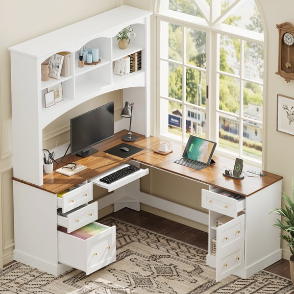 L-Shaped Computer Desk with Keyboard Tray & Dual Charging Stations, Farmhouse Corner Desk with Arched Hutch & Walnut Desktop, File Drawers & Storage Cabinet, Space-Saving Home Office Desk, White