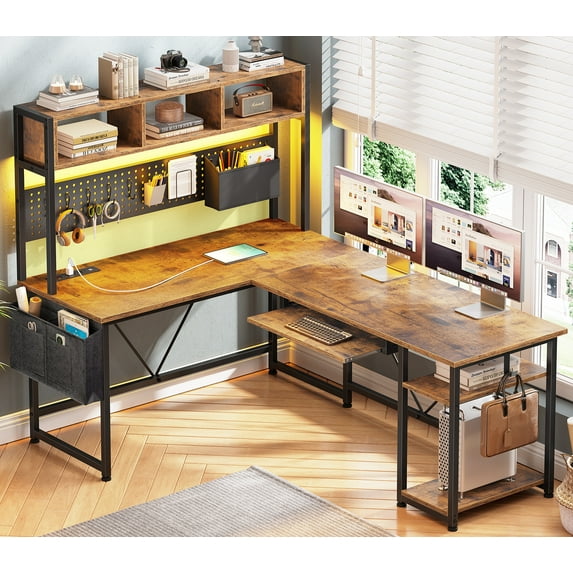 L Shaped Computer Desk with LED Lights and Power Outlets, Reversible Corner Desk with Pegboard, Computer Desk with Keyboard Tray, Headphone Hook and Storage Shelves for Home Office, Rustic Brown