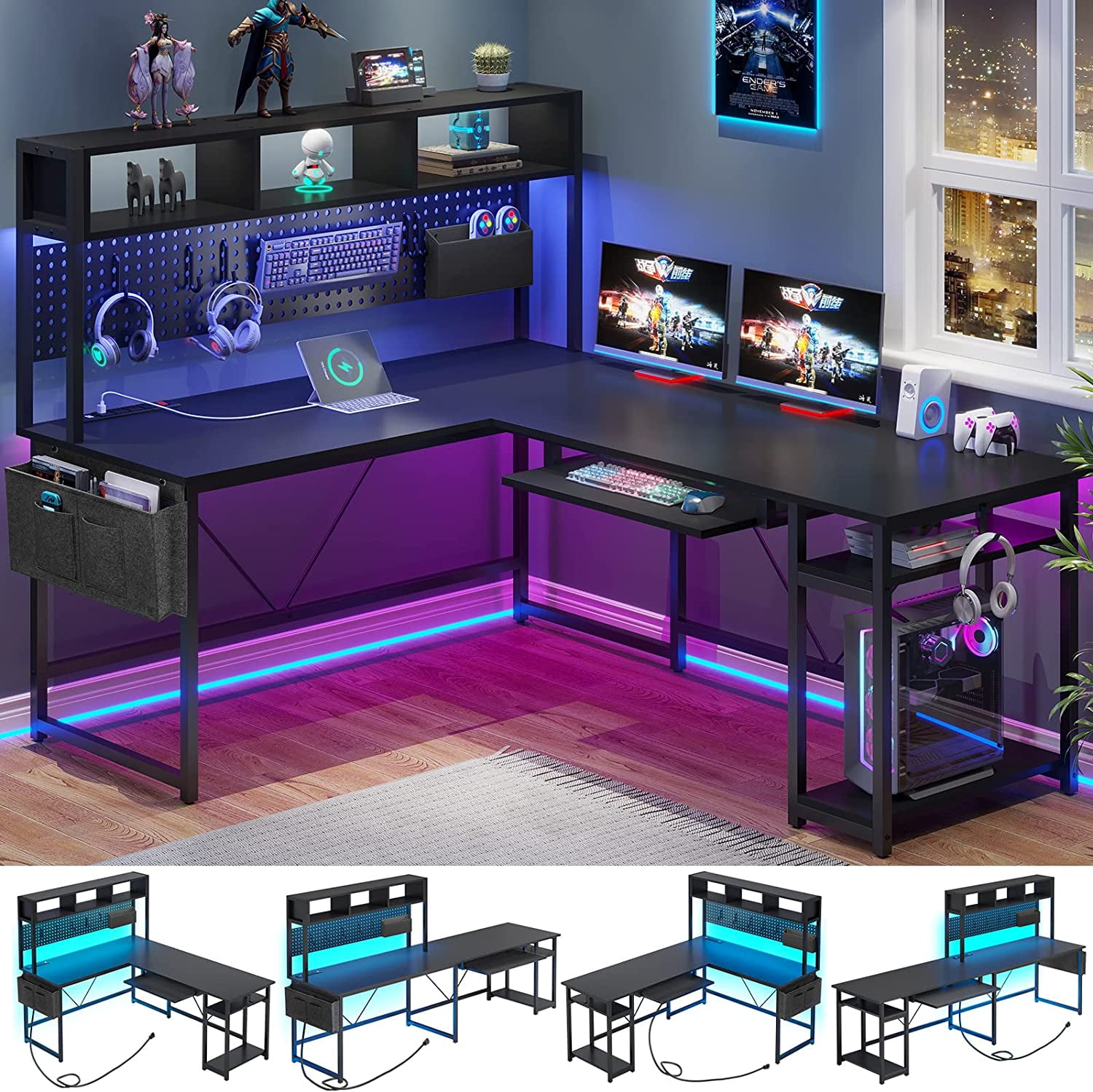 L Shaped Computer Desk with LED Strip and Power Outlets,Reversible