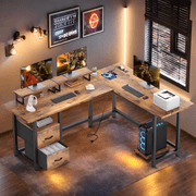 L Shaped Computer Desk, Lofka 66.14" Gaming Corner Desk with 2 Monitor Stands and 1 CPU Stands, Desk with Drawers and Power Outlets, Retro
