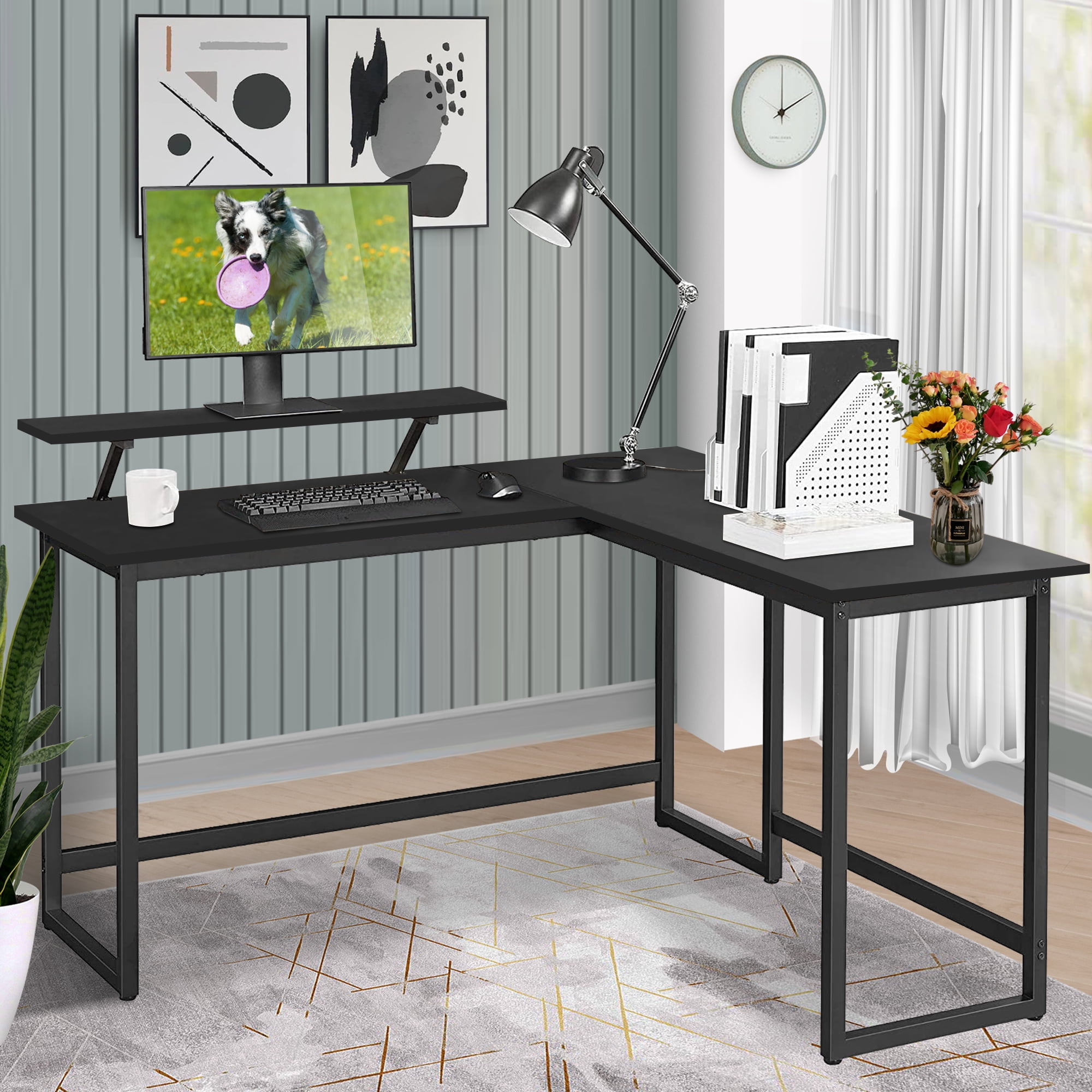 SYNGAR L-Shaped Home Gaming Desk with Monitor Stand, Industrial Office ...