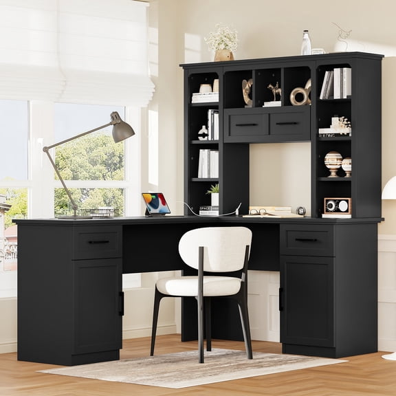 L-Shaped Computer Desk with Power Outlet & Storage Cabinets, 2 Drawers 11 Open Shelves 1 Flip Shelf, Large Corner Workstation for Home Office Study Living Room, Black,Ships 2 Pkgs