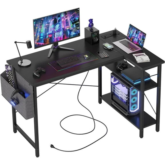 L Shaped Computer Desk with Power Outlets, 47 Inch Small Corner Desk with Reversible Shelves, Gaming Desk Computer Table Study Writing Table for Home Office Bedroom Small Space, Black