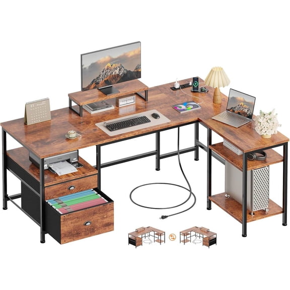 L-Shaped Computer Desk with Power Outlets, Reversible Corner Desk for Home Office or Gaming, 50 Inch with File Drawer, Monitor Stand & Storage Shelves