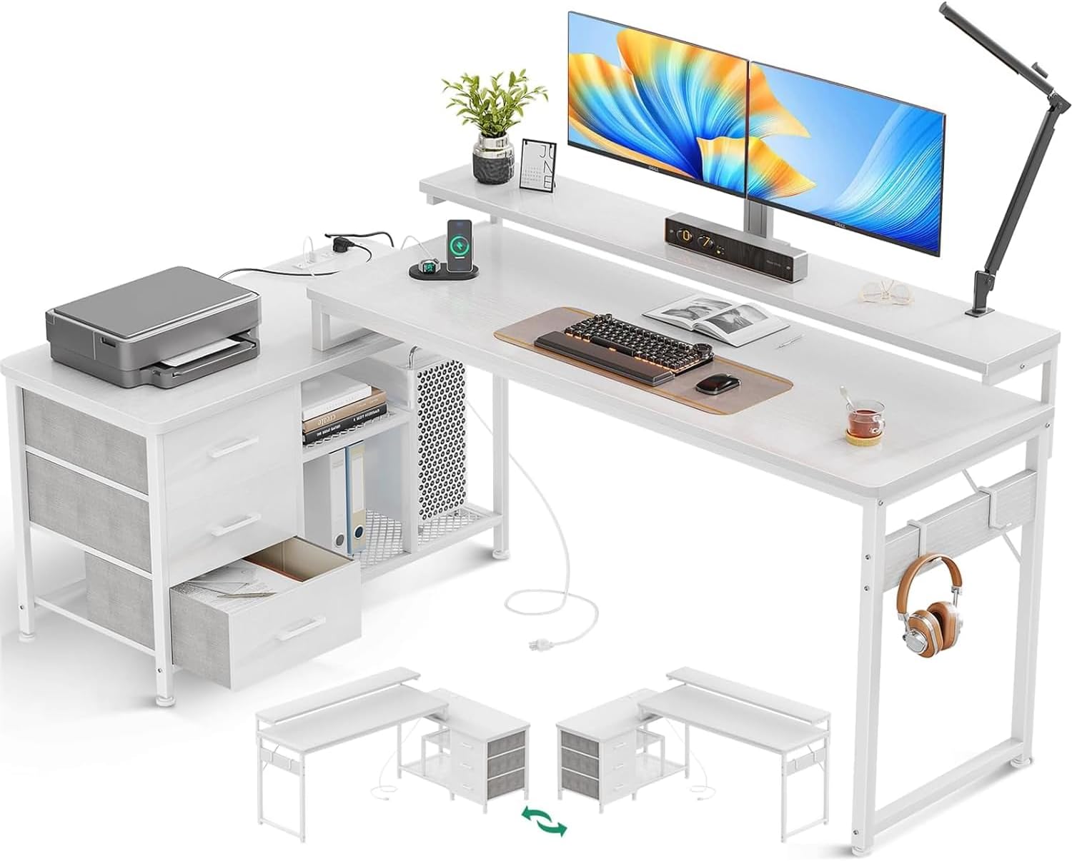 L Shaped Computer Desk with Power Outlets & USB Charging Ports
