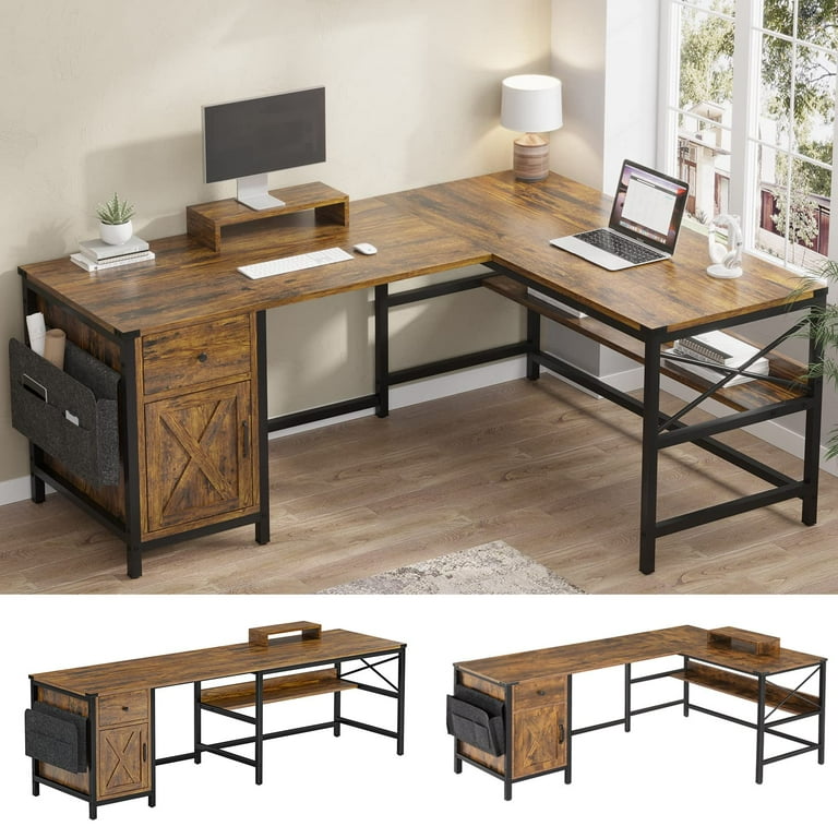 L Shaped Computer Desk Reversible Corner Home Office Desk or 2 Person Desk with Drawer Bookshelf Storage Cabinet Rustic Brown