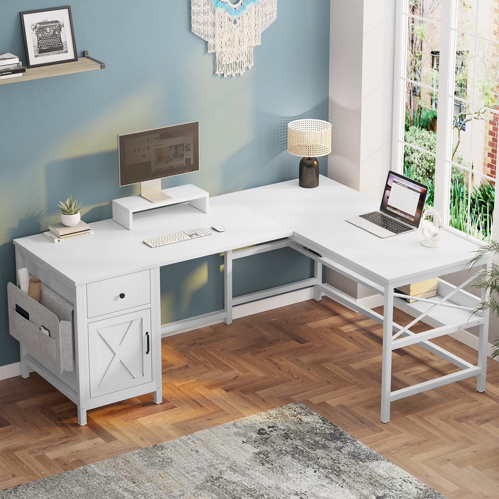 Catrimown L-Shaped Desk with Drawers and Storage, 55 White Desk with  Monitor Stand, Reversible Corner Home Office Computer Desk with Storage  Shelve