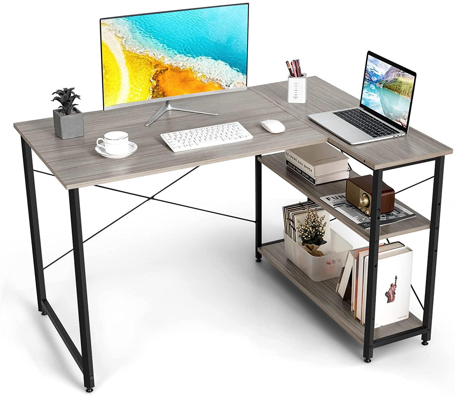 Gray 48'' L-Shaped Wood Computer Desk with Shelves