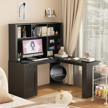 L Shaped Computer Desk with Storage Drawers, 63" Office Desk with Outlet, Bookshelf and Hutch, Modern Corner Gaming Computer Desk Writing Table for Home Office, Black