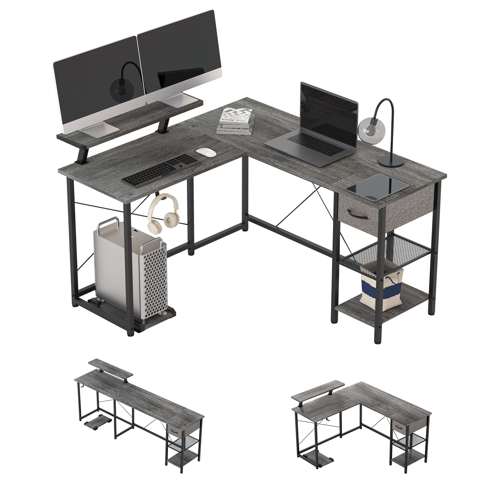 L Computer L Shaped Computer Desk with Storage Shelves, Hook and Monitor Stand ...
