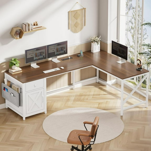 L Shaped Computer Desk, Two Person Desk with Drawer & Cabinet, Home Office Desk with Power Outlets, Farmhouse Corner Desk for Bedroom, White