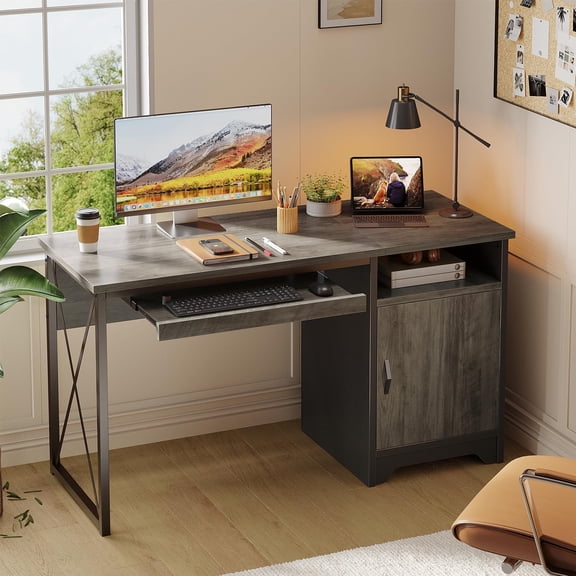 L-Shaped Computer Desk With Keyboard Tray, Grey Wood-Grain Top, Storage