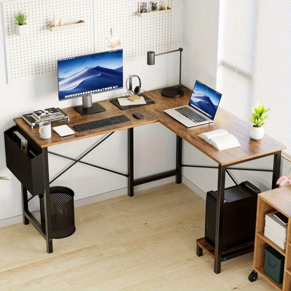 L-Shaped Computer Desk, Wooden Corner, PC Computer Desk with Storage Pocket for Home, Office And Game Room, Black