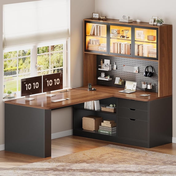 L Shaped Computer Desk with 3 Drawers, Modern Corner Office Desk with LED Light, Display Cabinet and Pegboard for Home Office, Living Room