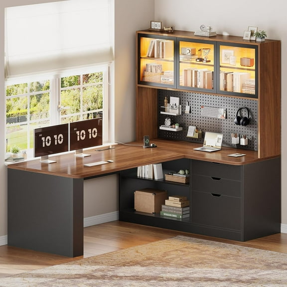 L Shaped Computer Desk with 3 Drawers, Modern Corner Office Desk with LED Light, Display Cabinet and Pegboard for Home Office, Living Room