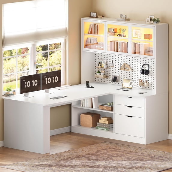 L Shaped Computer Desk with 3 Drawers, Modern Corner Office Desk with LED Light, Display Cabinet and Pegboard for Home Office, Living Room