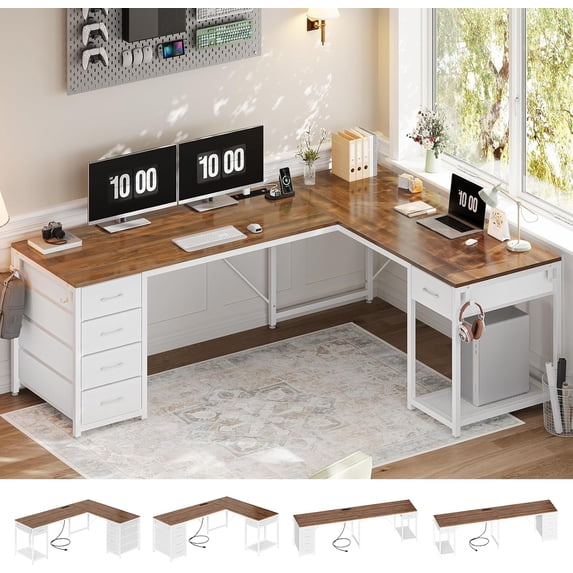 L Shaped Computer Desk with 5 Drawers, Reversible 78.7" Long Two Person Desk, Corner Office Desk with Storage