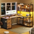 thumbnail image 1 of L Shaped Computer Desk with 7-Tier Storage Shelves and Drawers, Reversible Office Desk with Monitor Stand and Hooks, Rustic Brown, 1 of 9