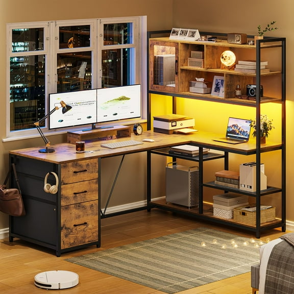 L Shaped Computer Desk with 7-Tier Storage Shelves and Drawers, Reversible Office Desk with Monitor Stand and Hooks, Rustic Brown