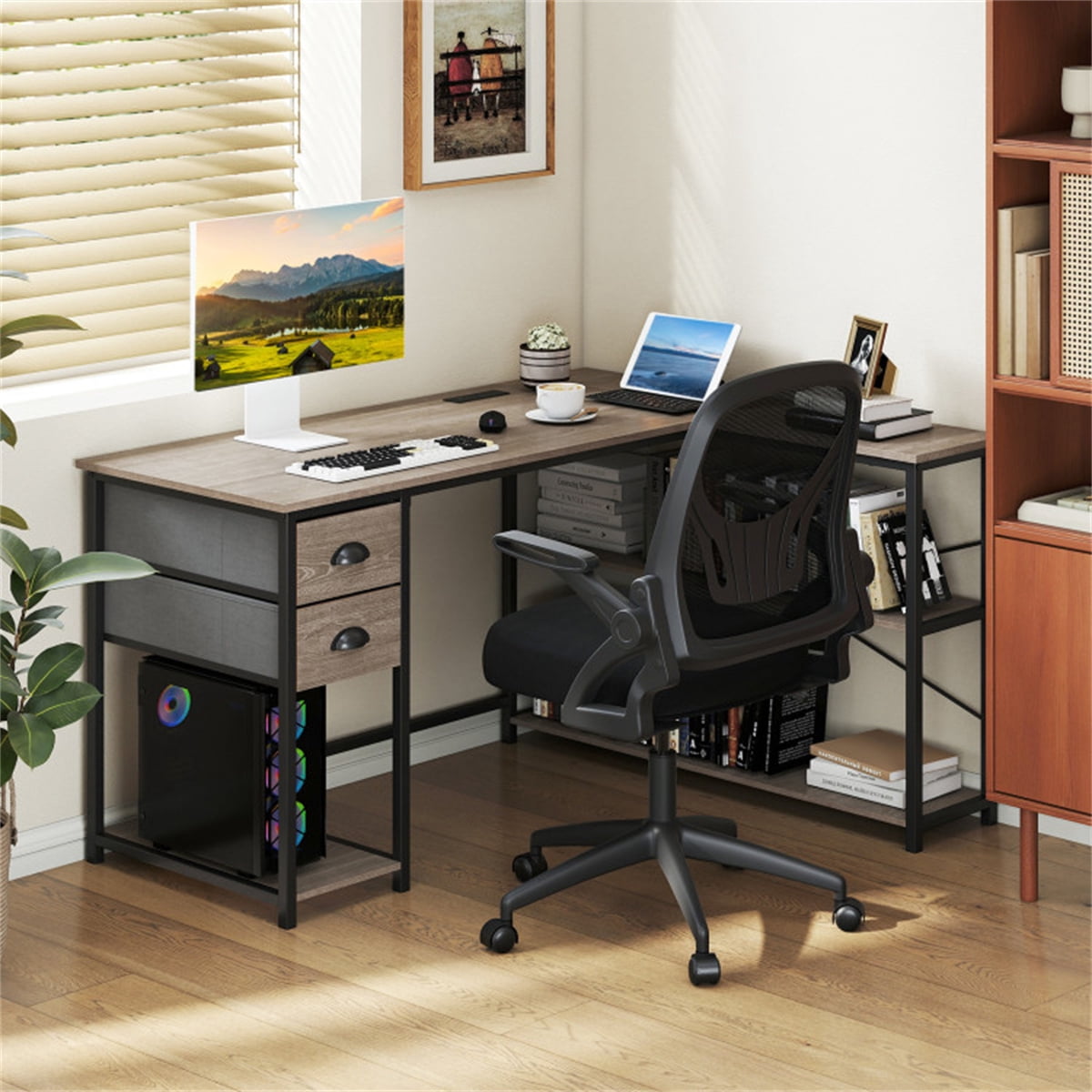L Shaped Computer Desk with Built in Power Outlet USB Type C Charging Port Home Office Corner Desk with Fabric Drawers Storage Shelves Oak Black