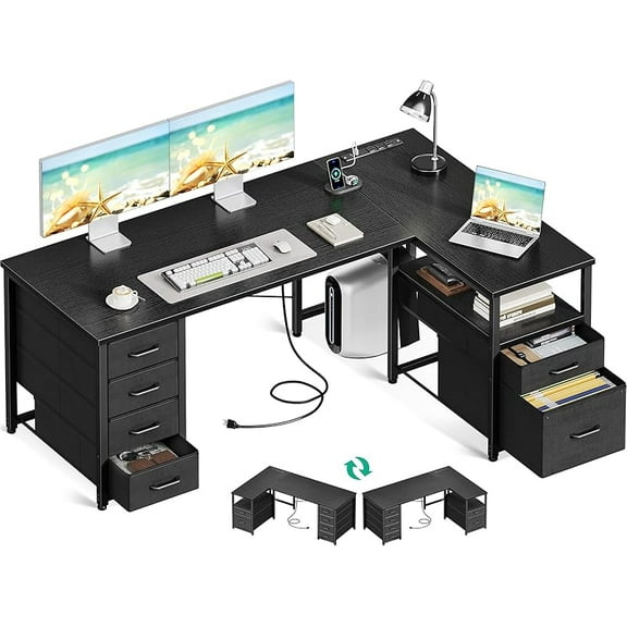 L Shaped Computer Desk with Drawers & Power Outlet,  Corner Desk with Reversible Storage Shelf & File Drawer, Home Office Desk