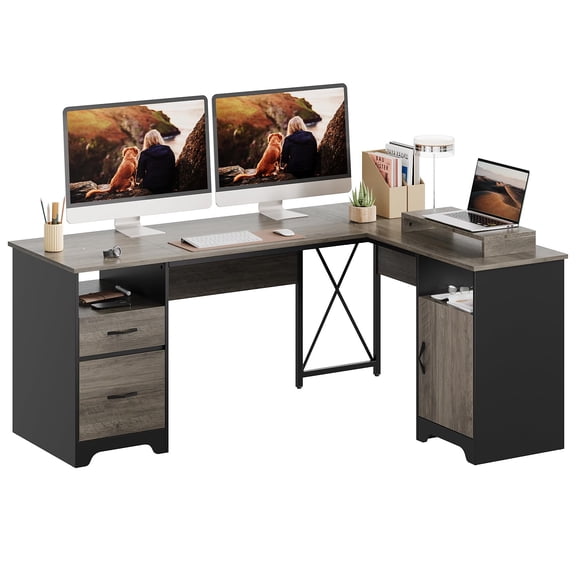 L-Shaped Computer Desk with Drawers and Storage Cabinet, Grey Wood Finish