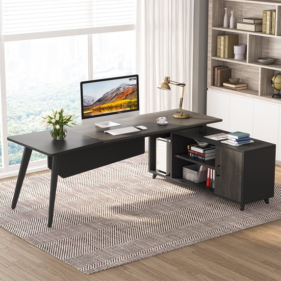 L-Shaped Computer Desk with File Cabinet, 78.74 Inch Large Executive Office Desk with Shelves, Grey