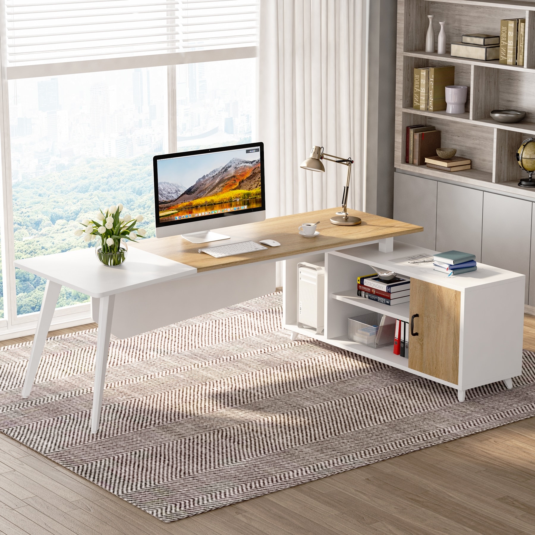 L-Shaped Computer Desk with File Cabinet, Executive Desk Brown & White ...