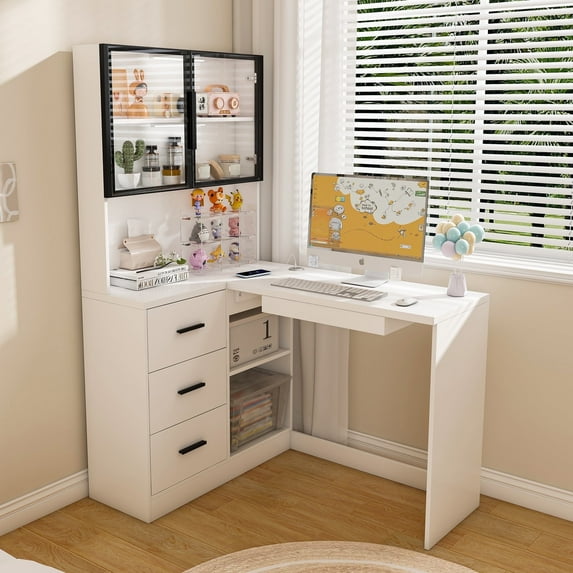 Corner Desk, Modern L-Shaped Computer Desk with Glass Cabinet, LED Lights, USB & Power Outlet, Keyboard Tray, White