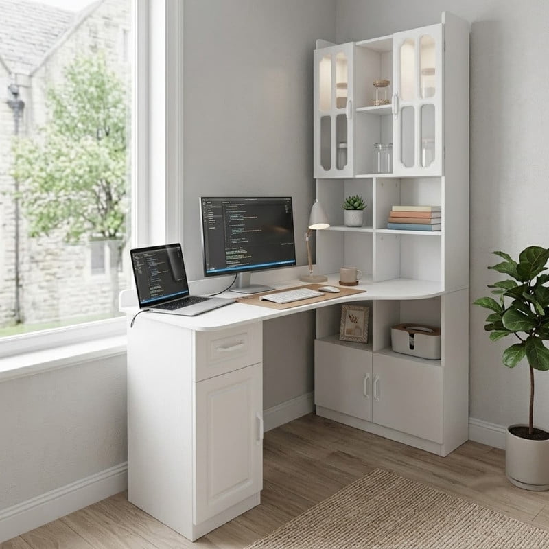 L-Shaped Computer Desk with Hutch, Storage Cabinet & Drawers, Modern Office Desk Writing Table with Bookshelf, Computer Corner Table for Work, Study