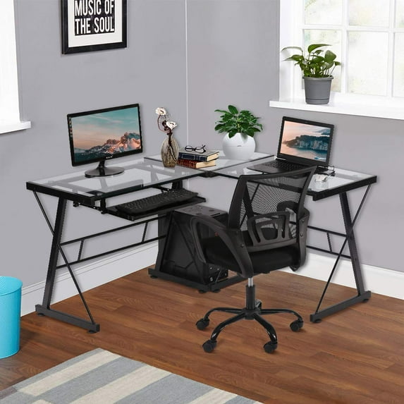 L Shaped Computer Desk with Keyboard Tray L-Shaped Home Office Desk Corner Desk with Scratch-Resistant Glass Top Table for Home Office Study, Clear