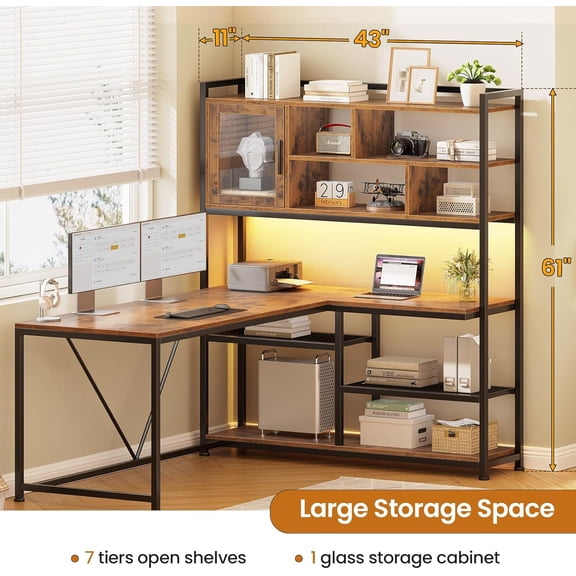 L Shaped Computer Desk with LED Light and Bookshelf, 58'' Office Desk Corner Storage Shelves for Home Office Gaming