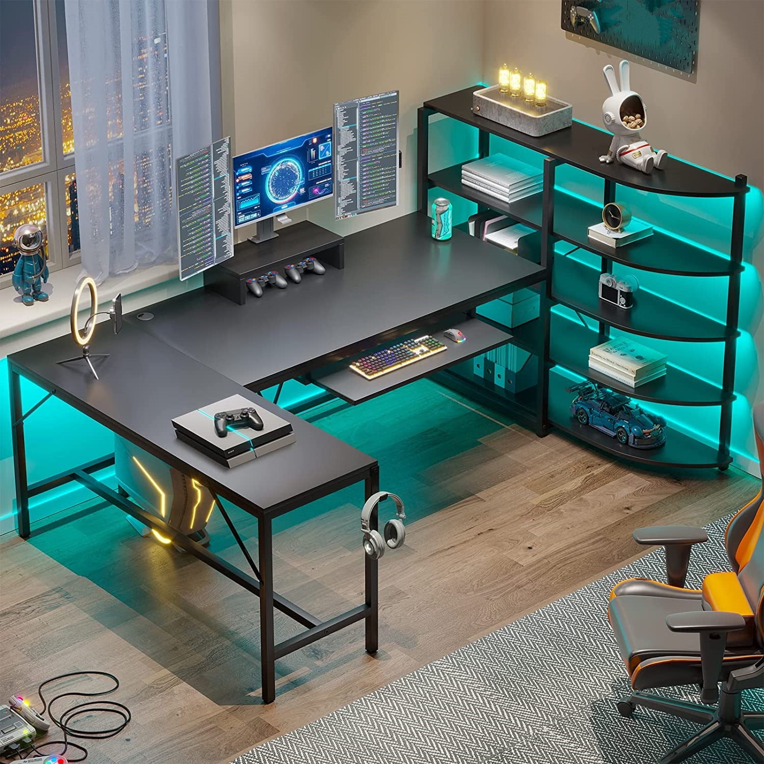 Glass l shaped computer 2024 desk with keyboard tray