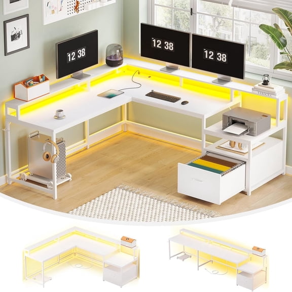 L-Shaped Computer Desk with LED Lights & Charging Station, Reversible Office Desk with Monitor Stand & Print Shelf, White