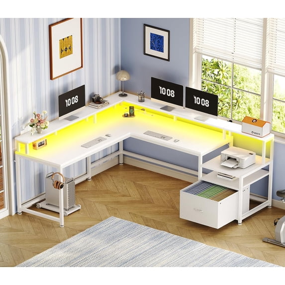 L-Shaped Computer Desk with LED Lights & Charging Station, Reversible Office Desk with Monitor Stand & Print Shelf, White