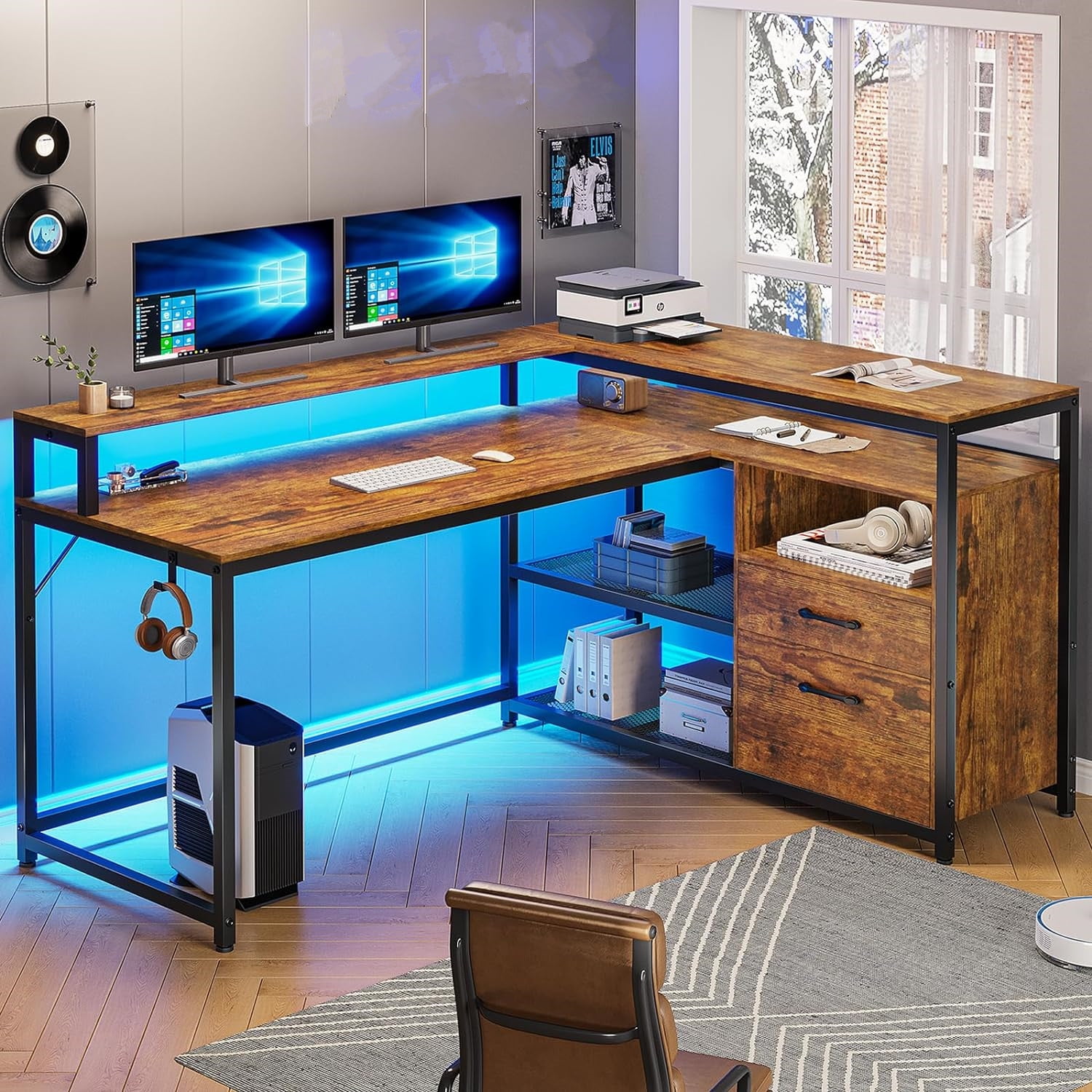 Black L Shaped Computer Desk with File Drawers&LED Lights, 55'' Home Office  Gaming Corner Desk with Monitor Shelf