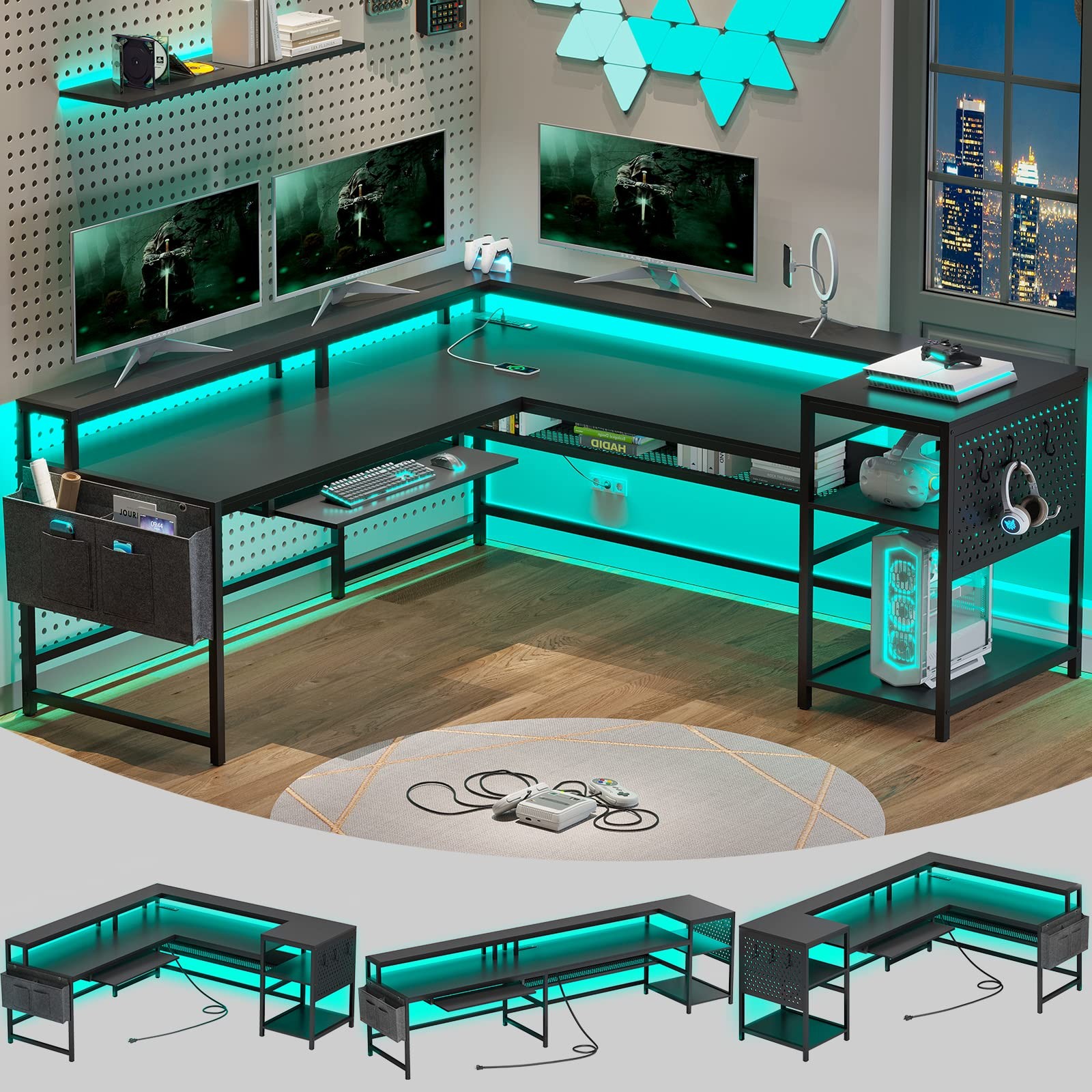 L Shaped Computer Desk With LED Lights Power Outlets Reversible Gaming 